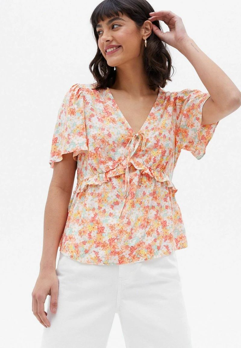 New Look FLORAL FRILL TIE FRONT - Bluse - White Pattern 3 New Look FLORAL FRILL TIE FRONT - Bluse - White Pattern