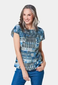GOLDNER Bluse - Jeansblau / Gemustert